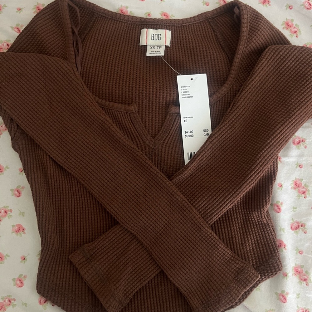 Urban Outfitters Size Xs Brown Ribbed Long Sleeve with front notch cut neckline
